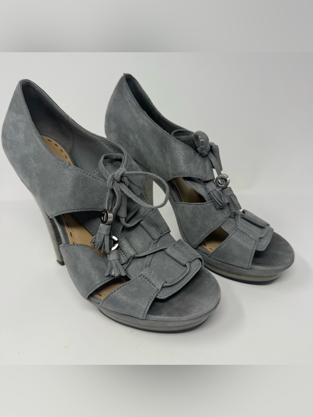 Coach Teagan Size 8 Gray Seude Peep Toe Sandals Platform Heels Tie Up Tassel